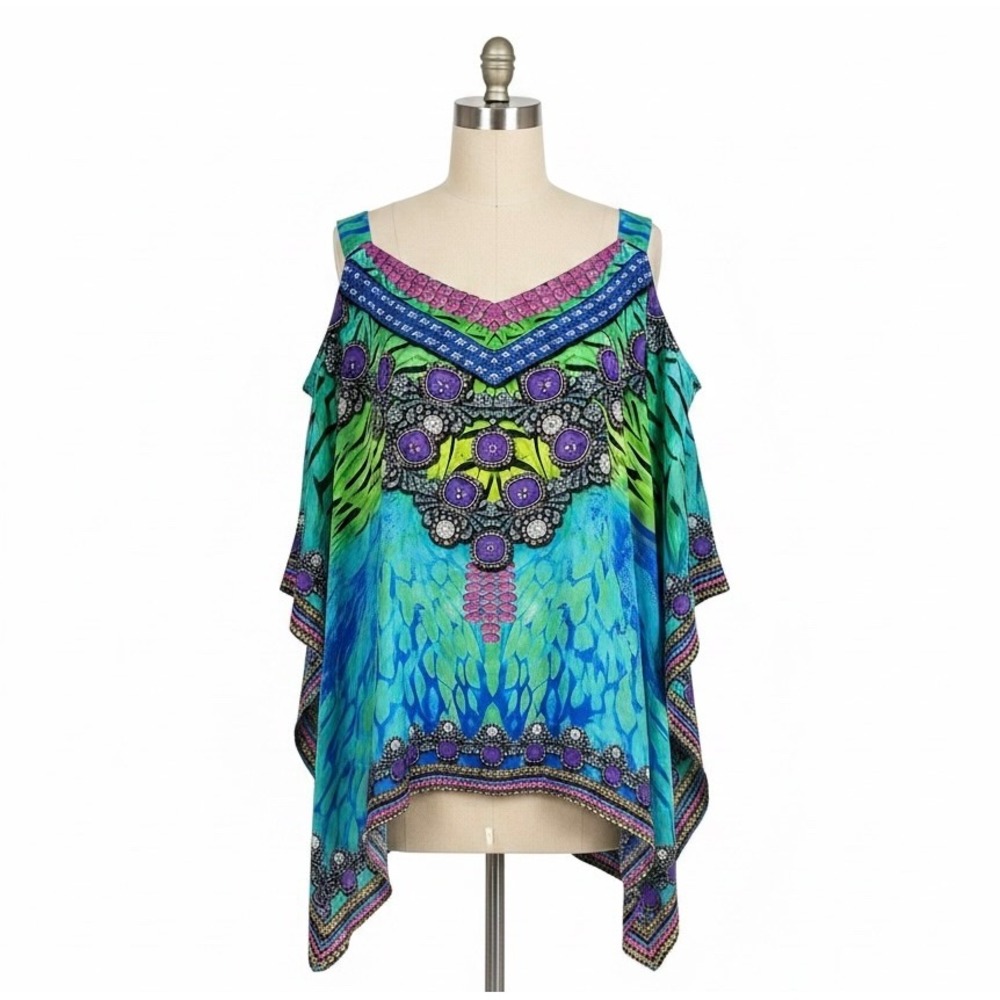 Sakkas Turquoise Blue Cold Shoulder Kaftan Tunic Top Plus Size 1X/2X